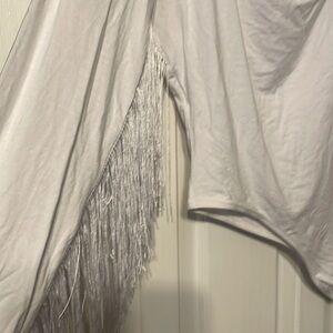 White fringe one shoulder bodysuit